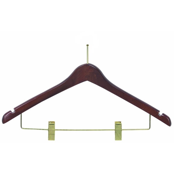Wooden Curved Combo Hanger with Anti-Theft P-Nail Hook, Walnut Finish with Brass Hardware, Box of 50