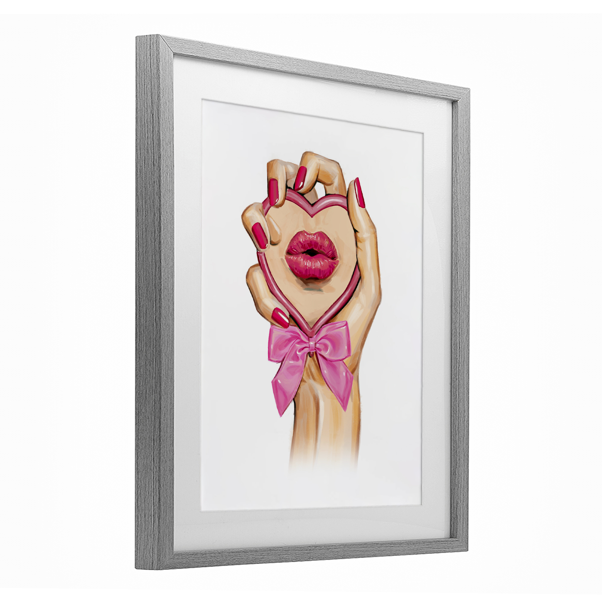 Pink Lips in Mirror Gray Framed Print Under Glass, design by Ziwei Li