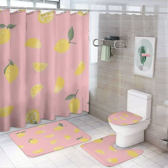 Lemon Slice Pink Pattern-1 Shower Curtain Bathroom Sets Toilet Lid Rug, Bath Mat And Contour Mat, Shower Curtain 4Pcs