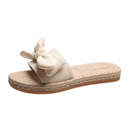 

Womens House Slippers Ladies Fashion Solid Color Cloth Bow Decoration Straw Woven Flat Open Toe Slippers