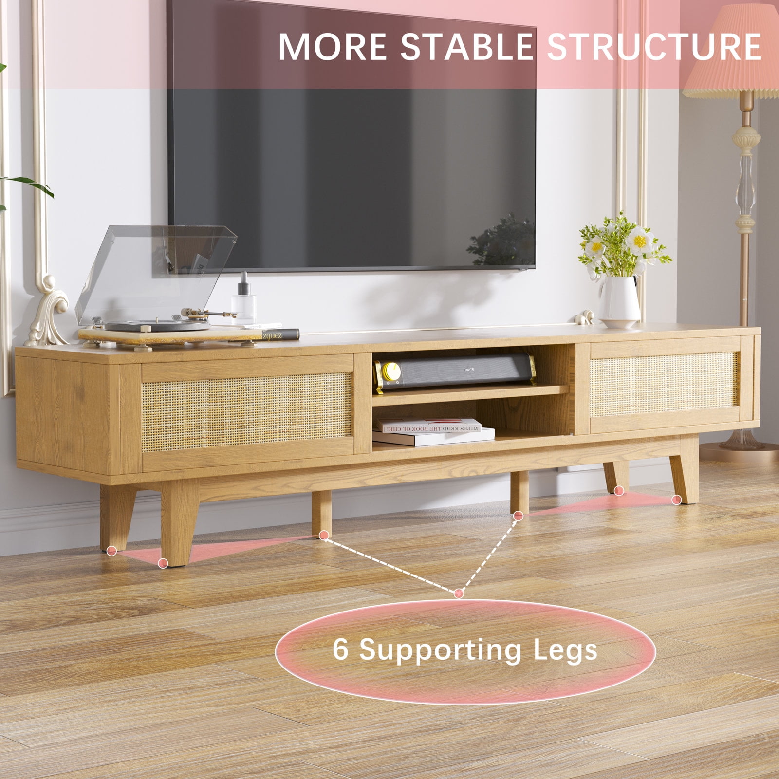 Tolead Rattan Entertainment Center Low Profile TV Stand with Sliding Doors up to 65 TV Natural Walmart