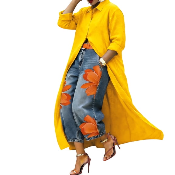 Edvintorg Long Cardigans for Women Plus Size Long Sleeve Turndown Collar Button Down Cardigan Womens Clothes S-5XL Yellow