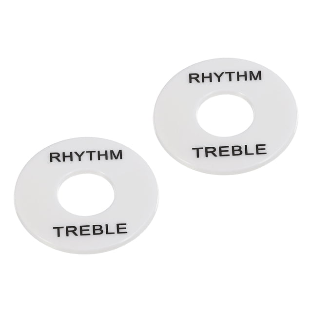 Placa de arandela de interruptor de guitarra, anillo de ritmo y agudos, blanco con letras negras para pastilla de guitarra, 2 piezas