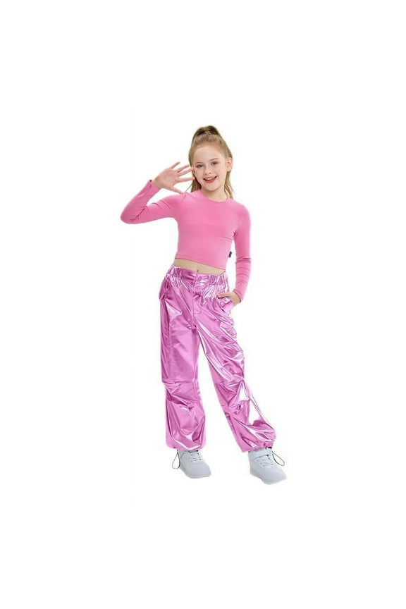 Girls Metallic Jogger Pants Shiny Jazz Street Hip Hop Dance Pants Convertible Leg Opening