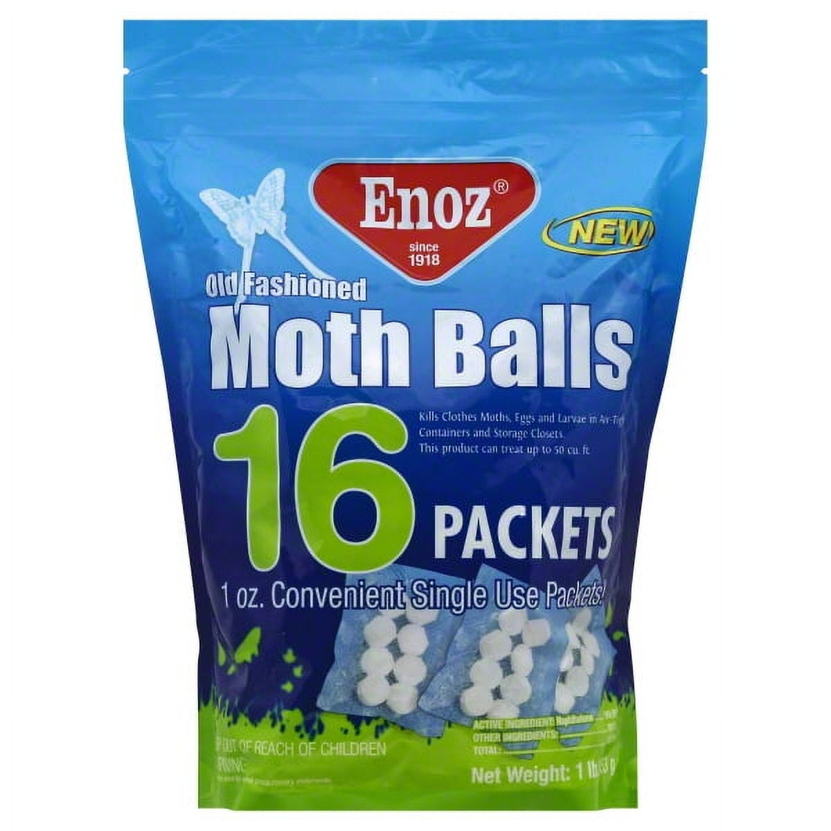 Enoz Old Fashioned Moth Balls, Naphthalene Balls, 16 Single-Use Packets, 16oz, 1 oz Packets