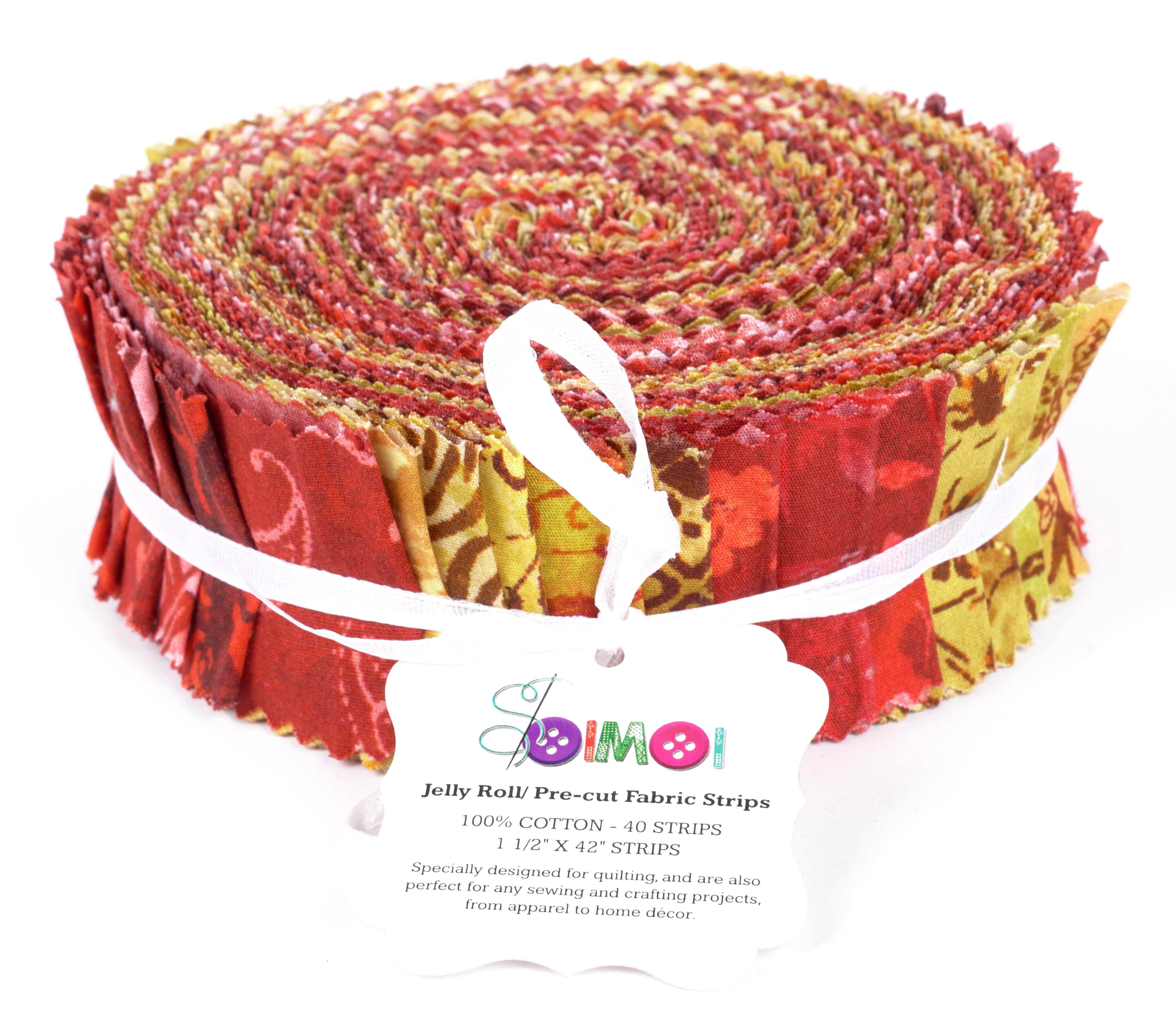Soimoi 40Pcs Batik Print Precut Fabrics Strips Roll Up 1.5x42inches Cotton Jelly Rolls For Quilting - Red