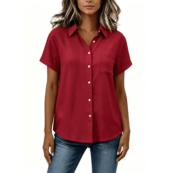 Busydd Button Down Shirts for Women Solid Color Short Sleeve Cotton Linen Shirts Collared Dressy Casual Blouse with Chest Pocket 2XL