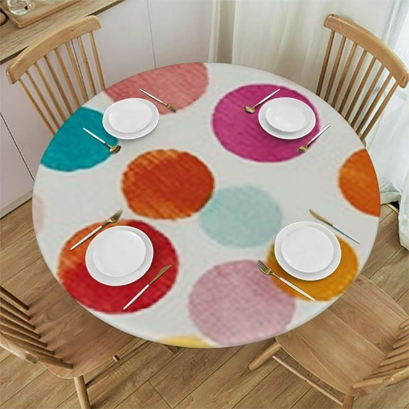 Round Fitted Tablecloth, Watercolor Polka Dot Elastic Edge Table Cover Wipeable Round Table Cloth