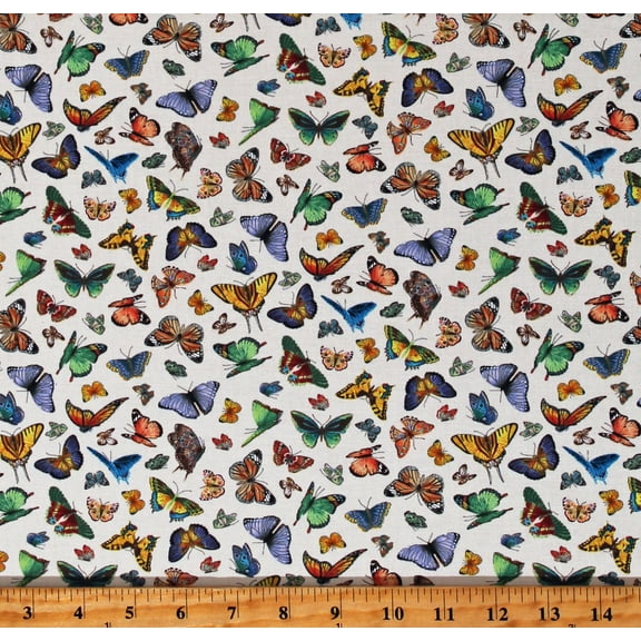 Cotton Colorful Butterflies on Cream Butterfly Delicate Creation Cotton Fabric Print by the Yard (34003CREAM)