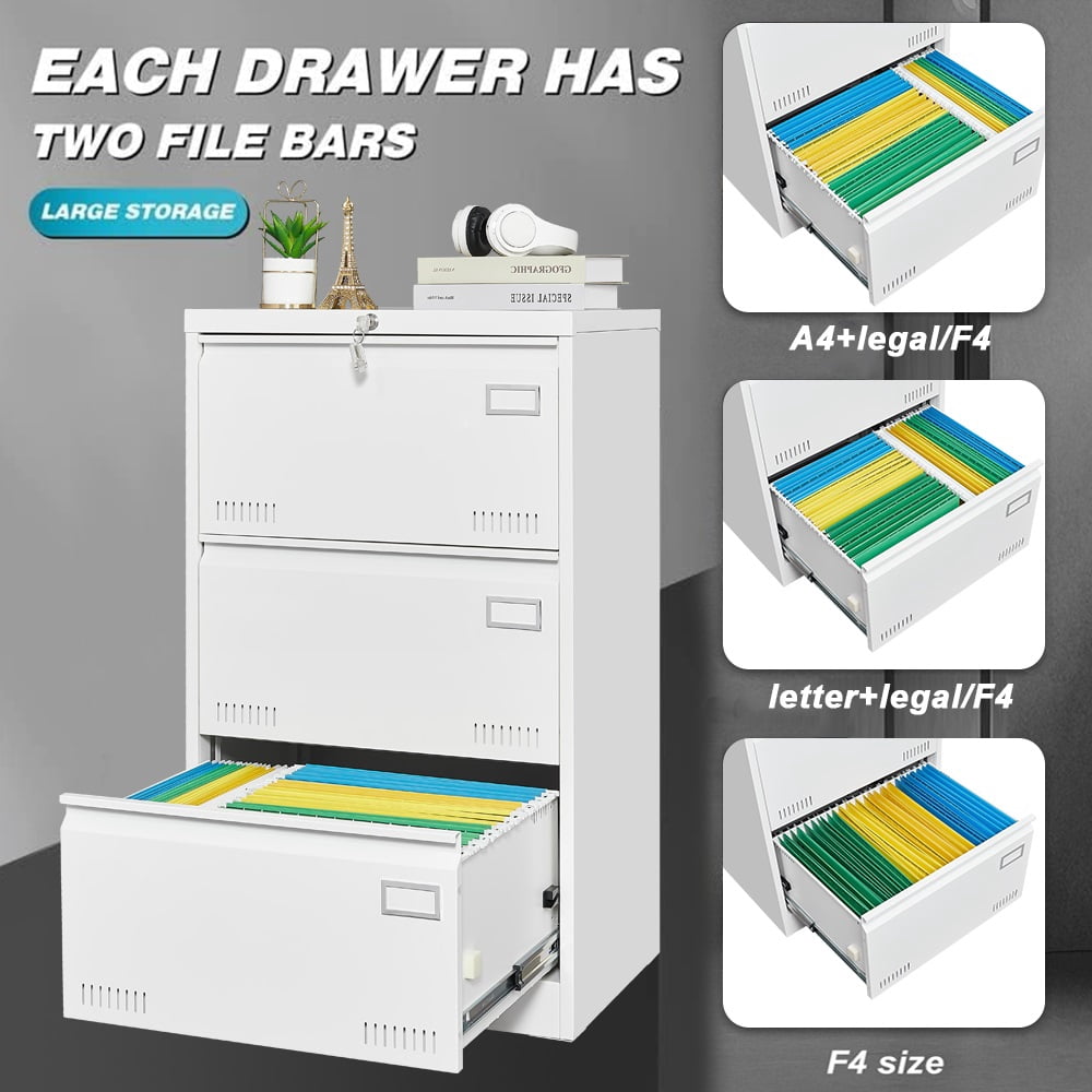 YDSM Filing Cabinet Lateral File Cabinet 3 Drawer, White Filing Cabinets with Lock, Locking Metal File Cabinets Three Drawer Office Cabinet for Legal/Letter/A4/F4 Home Offic