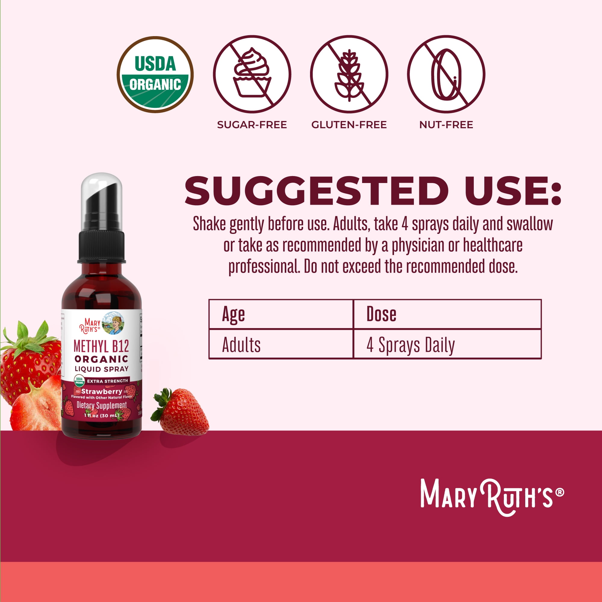 MaryRuth's Methyl Vitamin B12 Letter Vitamins Liquid Spray USDA Organic Strawberry Vegan Gluten-Free 1-Count 1 fl oz