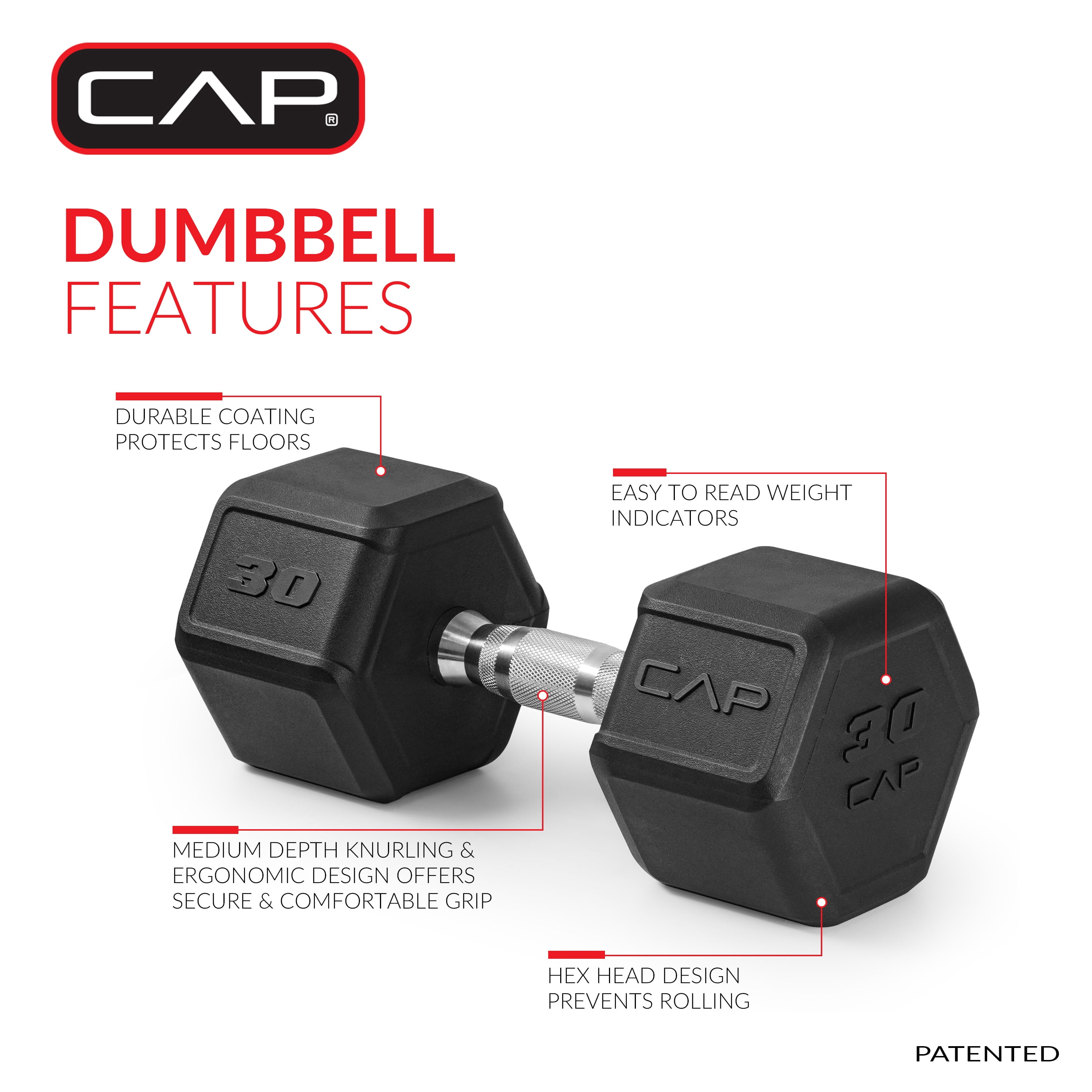 CAP 30 lb Premium Rubber Hex Dumbbell Pair, Chrome Handle, Home Gym Hand Weights