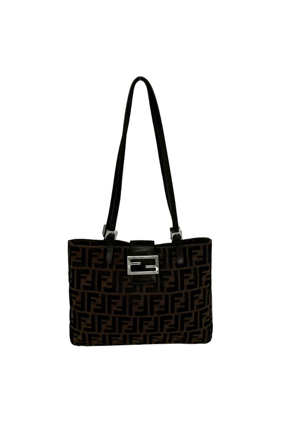 Pre-Owned FENDI Zucca FF pattern logo metal hardware canvas leather genuine tote bag semi...