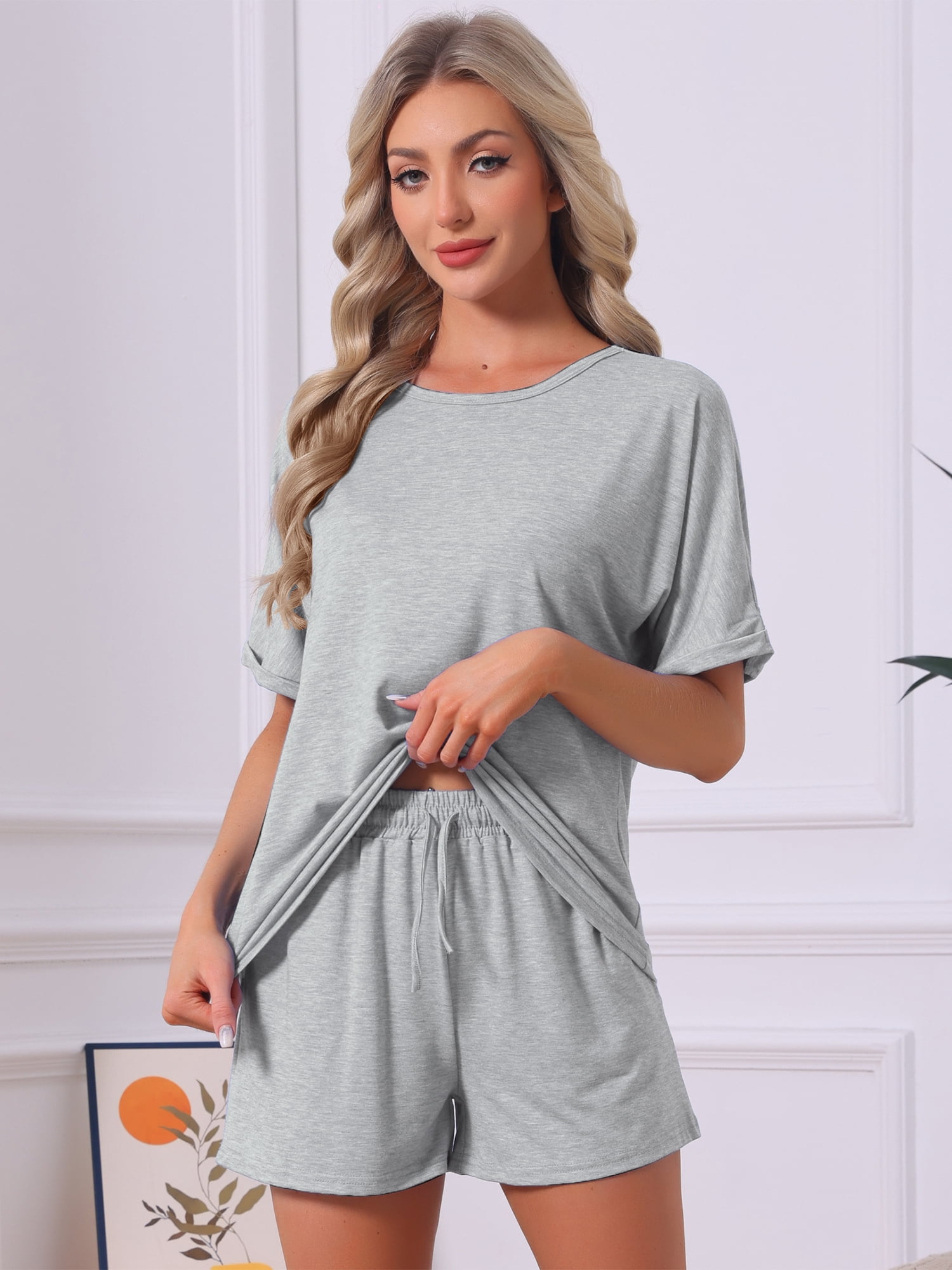 DARING DIVA Women's Soft Pajama Set Round Neck Rolled Cuffs Top with Shorts L Gray