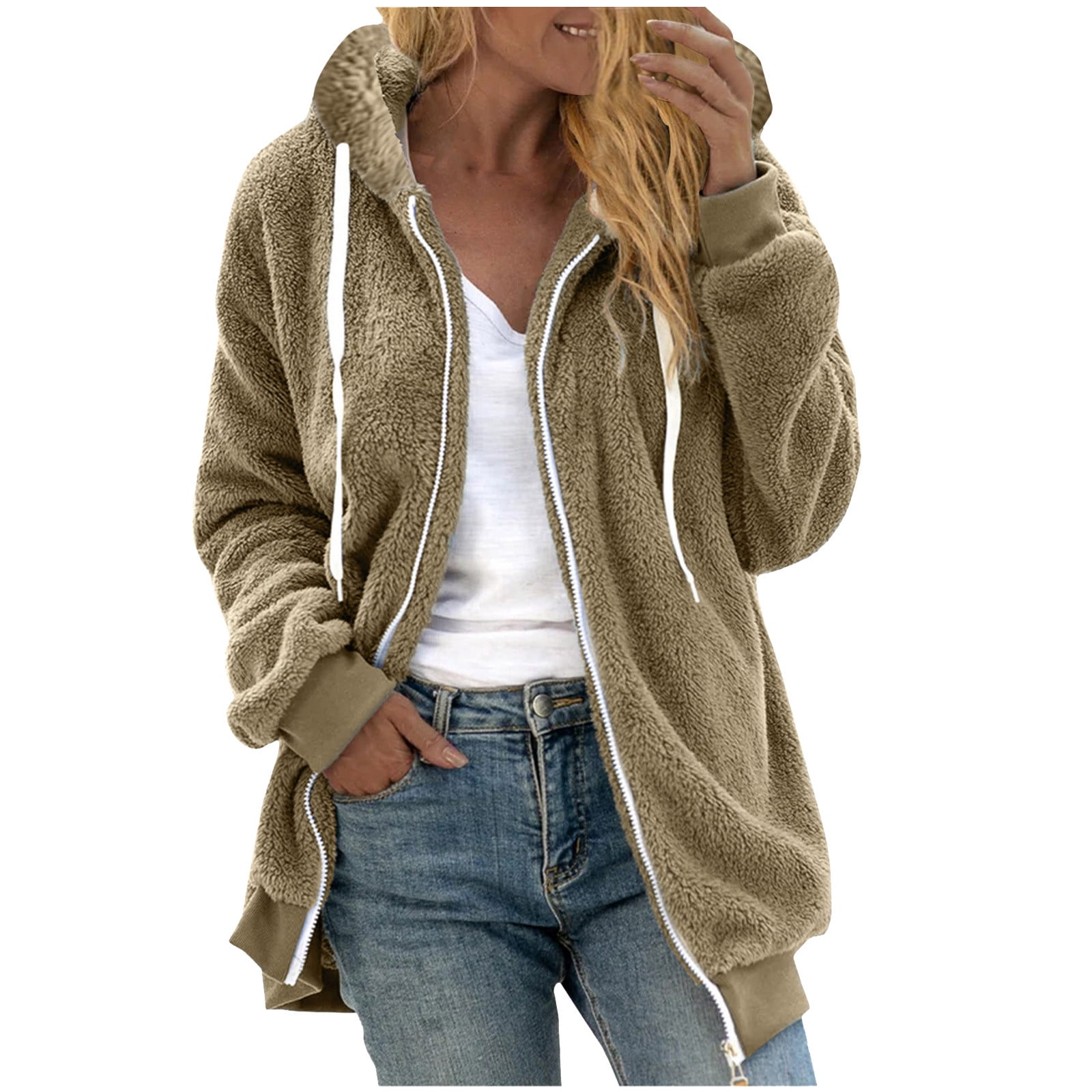 Oversized Sherpa Hoodies, Women's Colorblock Faux Shearling Jacket Full ...