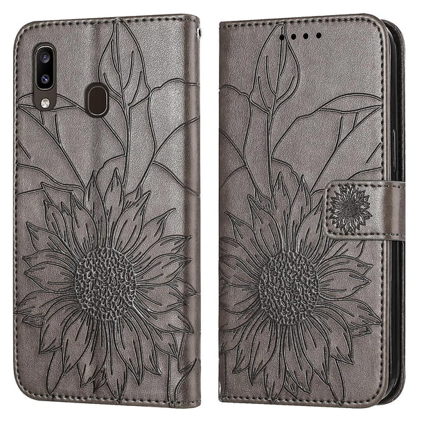 Funda tipo cartera con girasoles grabados para Samsung A40, elegante, multifuncional y con protección total.