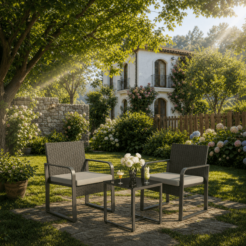 Aiho 3-Piece Wicker Patio Bistro Set, Outdoor Furniture with Glass Table & Soft Cushions for Balcony Garden-Gray