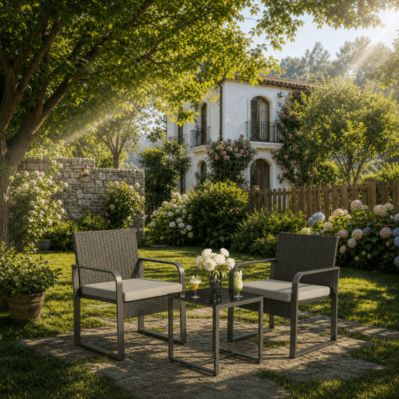 Aiho 3-Piece Wicker Patio Bistro Set, Outdoor Furniture with Glass Table & Soft Cushions for Balcony Garden-Gray