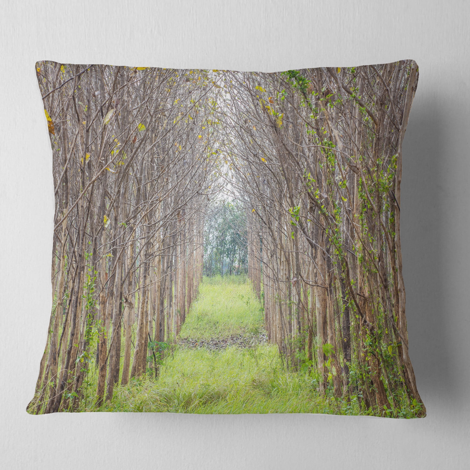 Designart Pathway Through Fall Green Trees - Landscape Photography Throw Pillow - 18x18