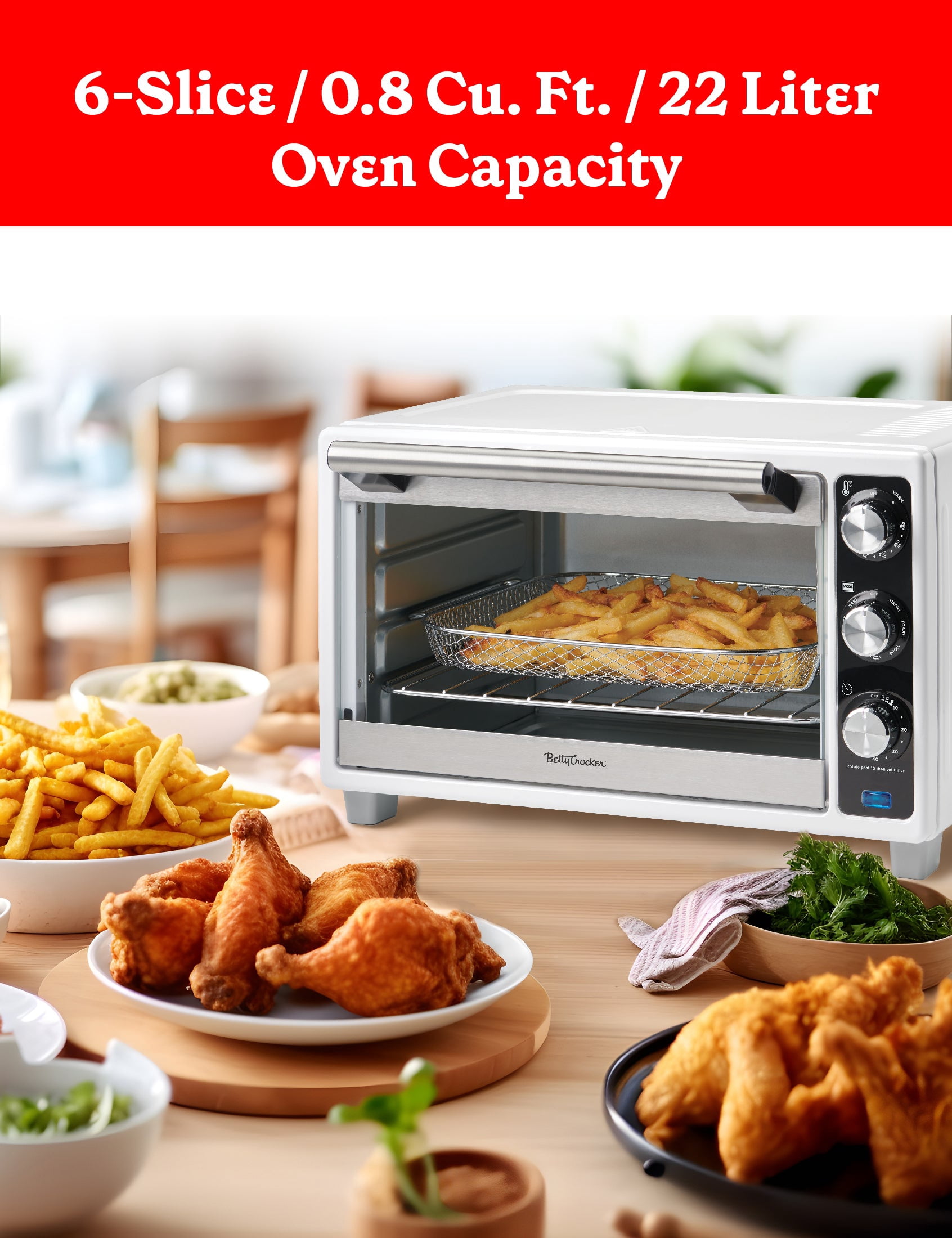 Betty Crocker Air Fryer Convection Toaster Oven, 0.7 Cu. Ft. 22-Liter Capacity, 7 Function Convection Oven with Pizza, Bagel, Roast, Bake & Keep Warm Settings, 1500 Watts, BC-4637W, White
