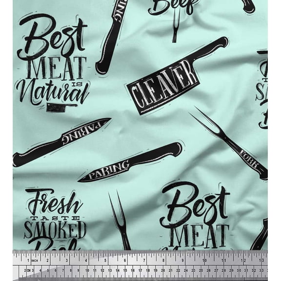 Soimoi Green Velvet Fabric Text & Knife Kitchen Fabric Prints By Yard 58 Inch Wide