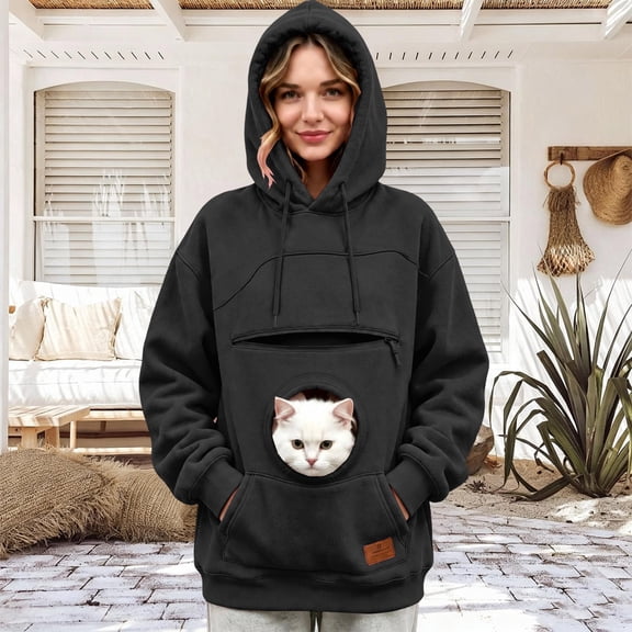 Unisex Pet Pouch Hoodie Sweatshirt for Cats and Dogs, Black, Size L, Long Sleeve Polar Fleece Pullover, Oversized Front Carrier Pocket, Drawstring Hood, Relaxed Fit