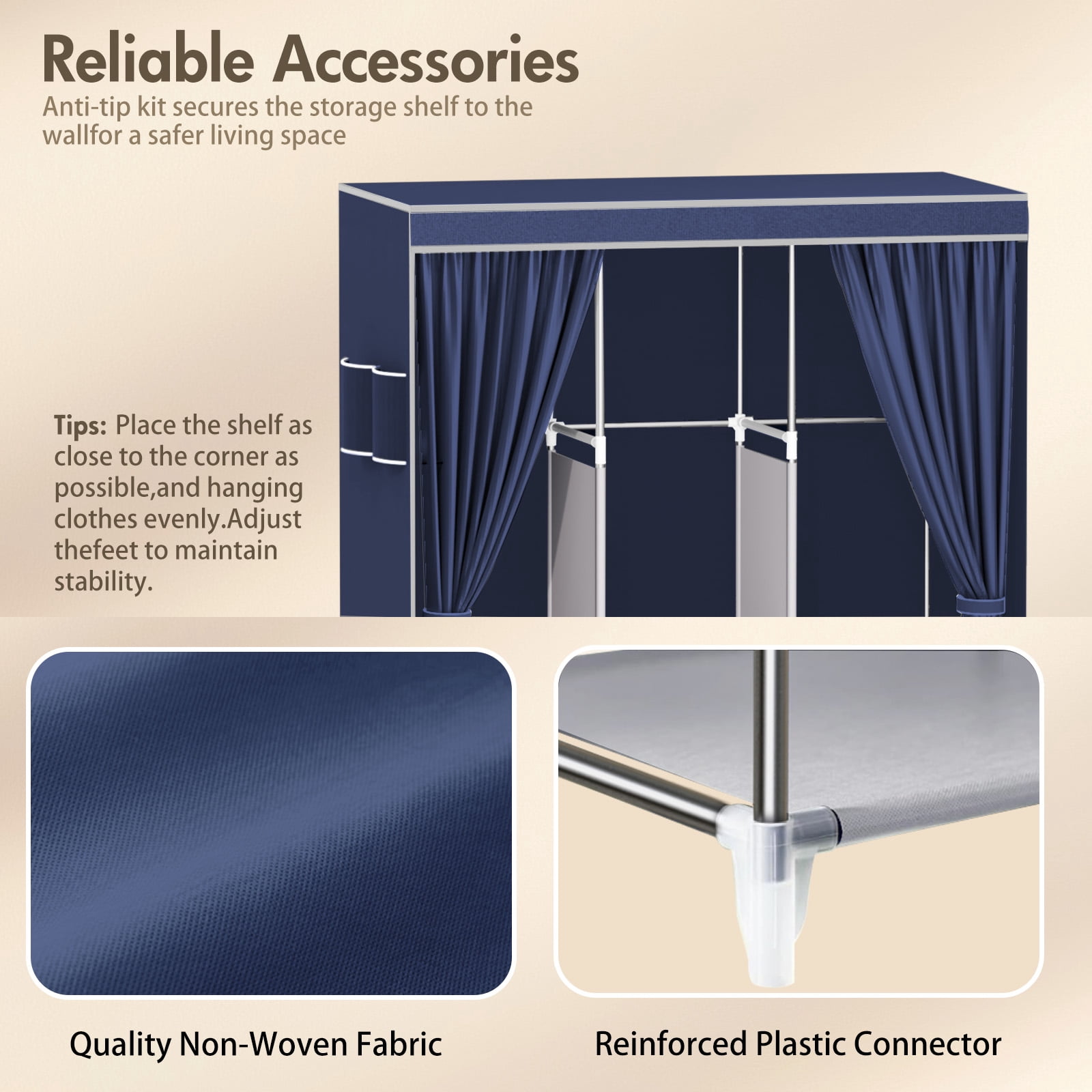 Portable Closet Organizer with Cover, Non-woven Fabric Clothing Rack Shelf, Dustproof Wardrobe Closet Storage, Navy Blue
