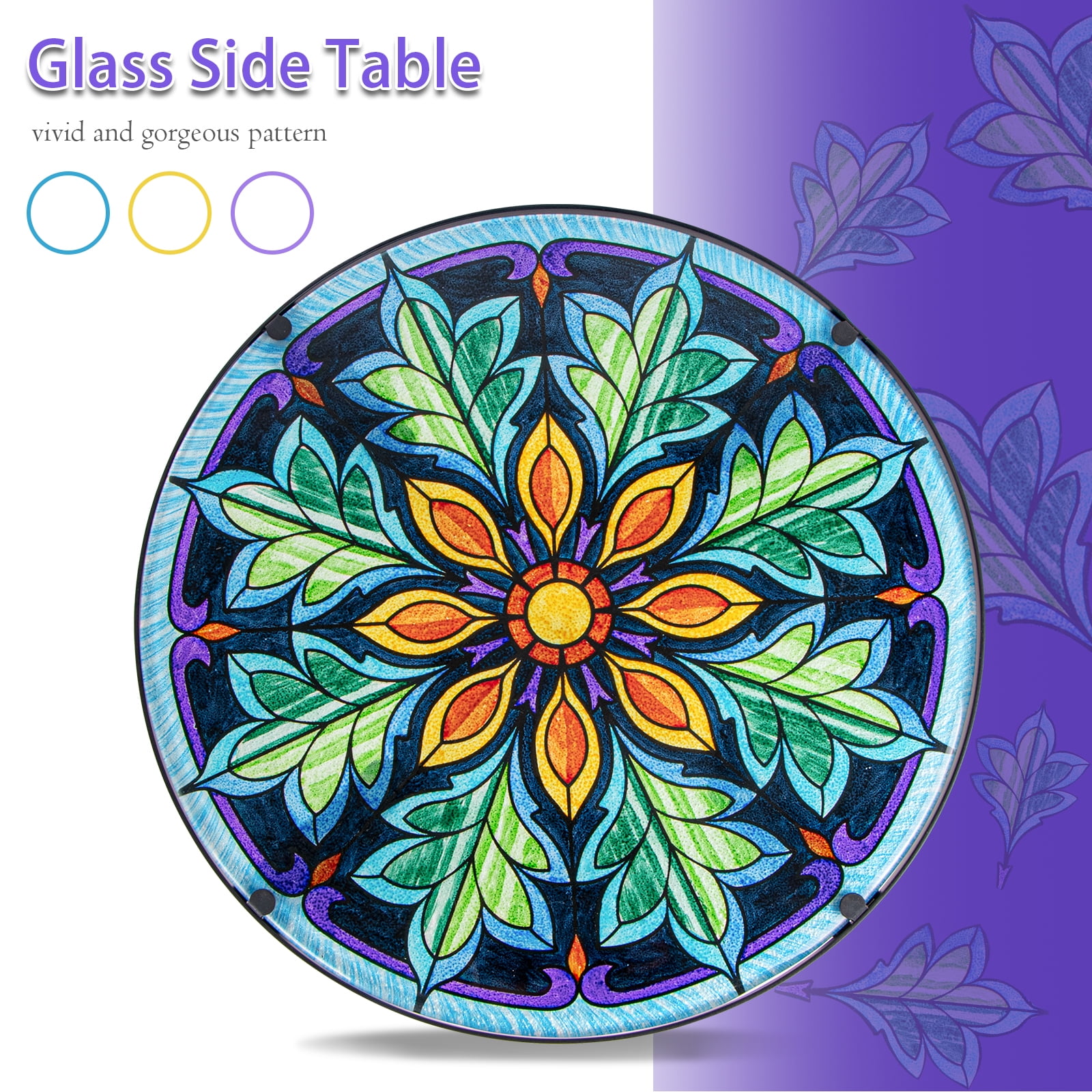 Stained Glass Floral Mandala Side Table – Round Accent Table, Indoor/Outdoor End Table,Indoor/Outdoor Patio/Living Room Decor