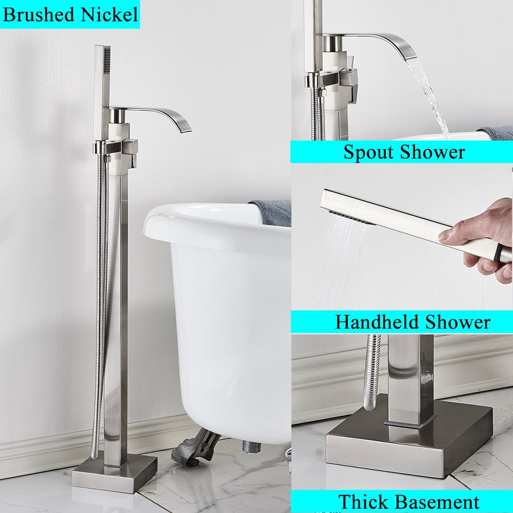 Free standing Bathtub Faucet Brushed Nickel Floor Mount Tub Filler Mixer Shower