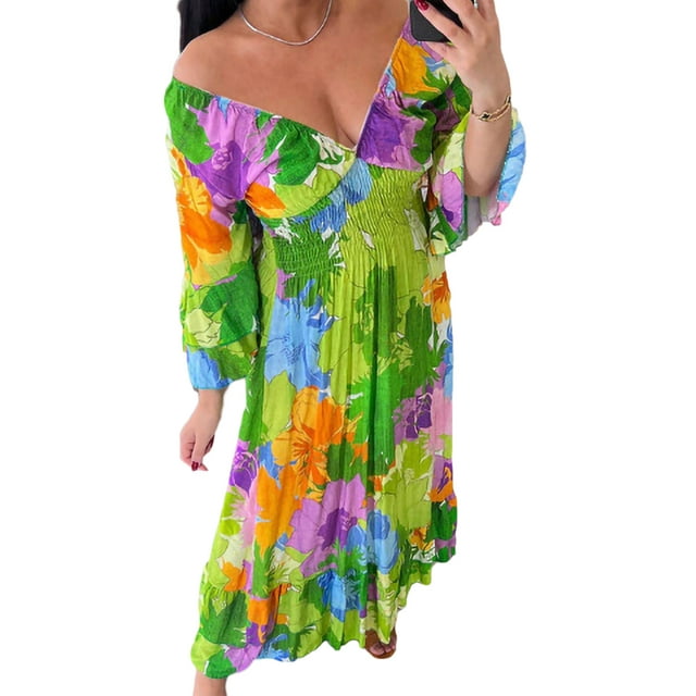 Bellella Robes Maxi pour Femmes Robe Longue à Col en V Manches 3/4 Robe d'Été Décontractée Bohème Femmes Vert TP