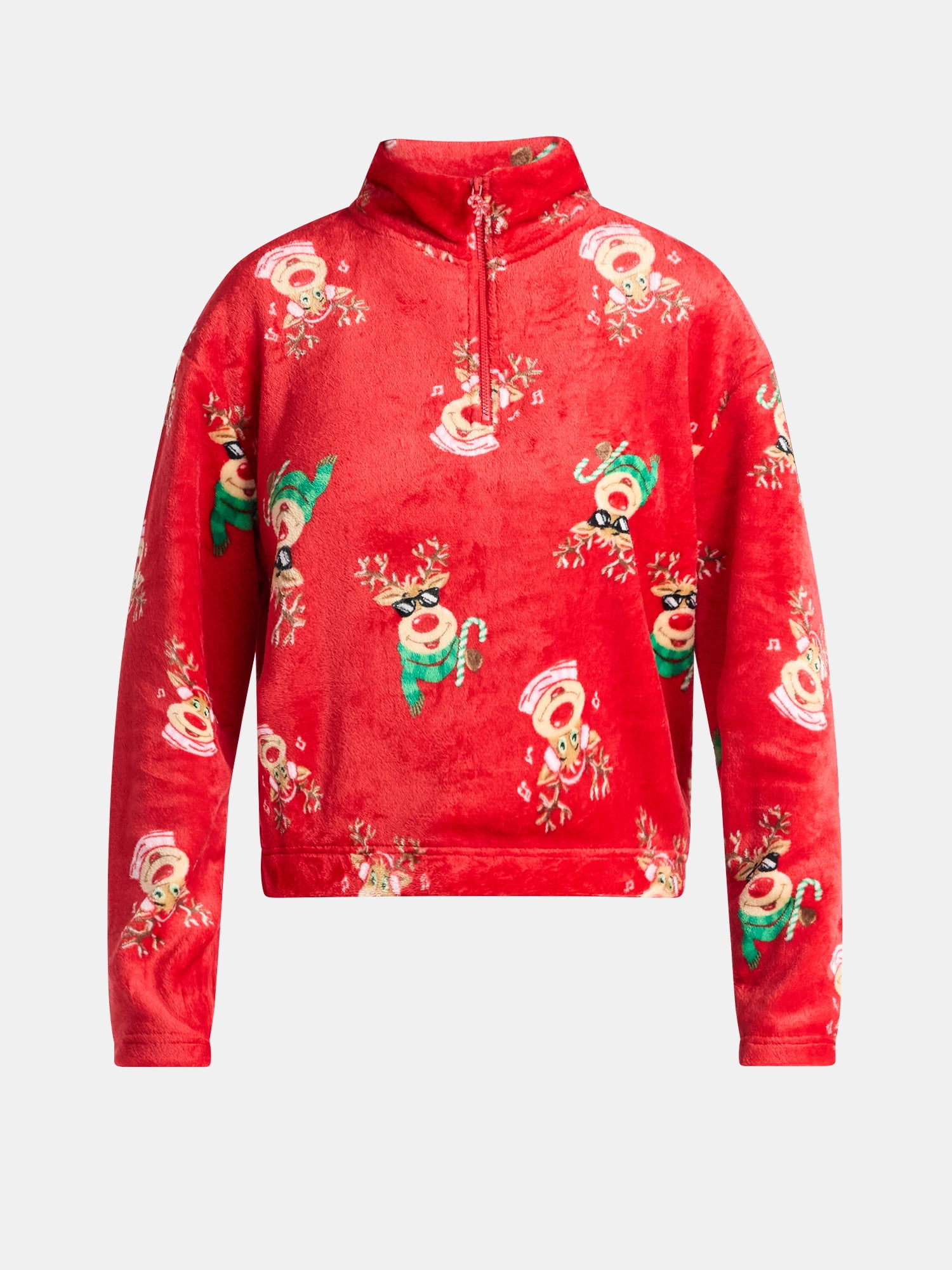 No Boundaries Christmas Quarter Zip Mock Neck Plush Top with Long Sleeves, Women's