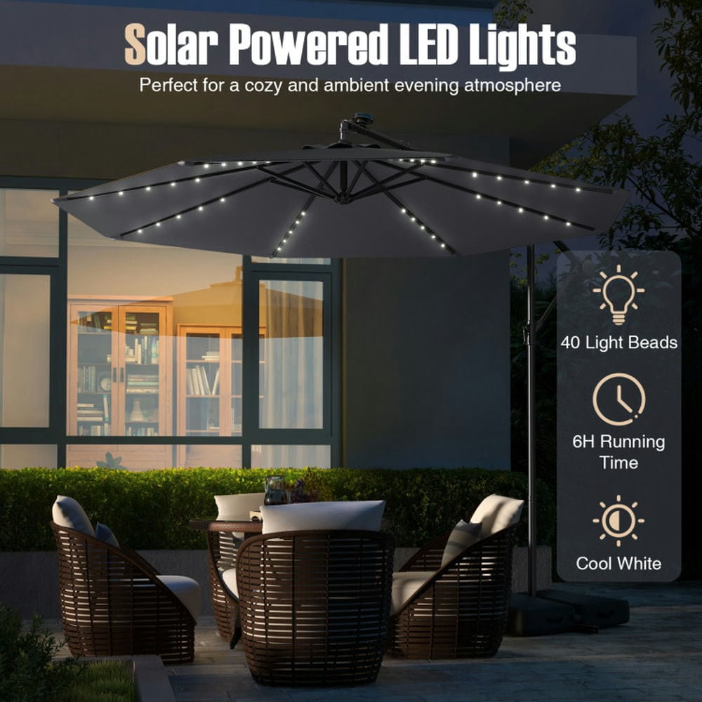 Demifill 10 Ft Patio Umbrella Offset Cantilever Umbrella with 40 Solar Powered Lights, Offset Patio Umbrella for Outdoor, Gray