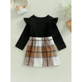 thumbnail image 4 of Kids Girls Dress Suit Long Sleeve Round Neck Ruffle Ribbed Sweater Tops + Plaid Print Button Skirt Outfits Set, 4 of 9