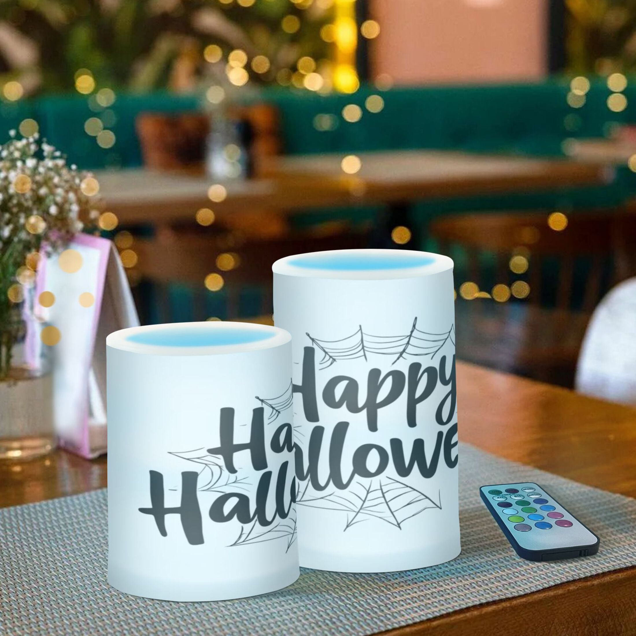2 PCS Flameless Candles with Remote Timer LED Battery Operated Flickering Candle Light for Wedding Table Home Decoration Gifts Halloween Font and Spider Web