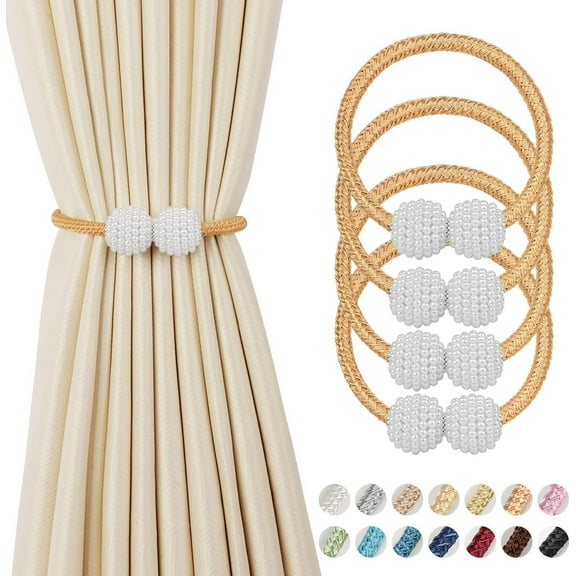 4 Pieces Magnetic Curtain Tie Backs - 19" Long Pearl Ball Curtain Magnetic TieBacks, European Drapes Clips Rope Holdbacks for Home, Office, Hotel Window Decorative, Bronze