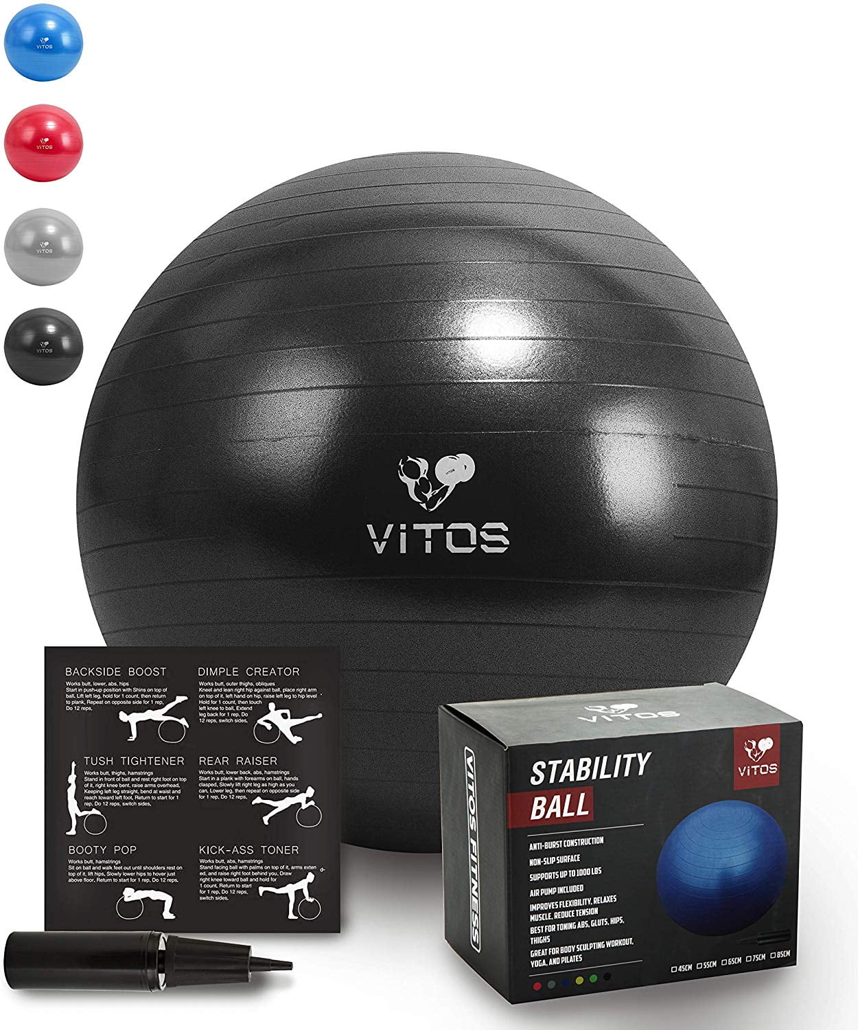 Extra Thick Non Slip Supports 2200LB for Fitness Stability Birth Balance Pilates Workout Guide Quick Pump Included Professional Quality Design Vitos Anti Burst Exercise Yoga Ball