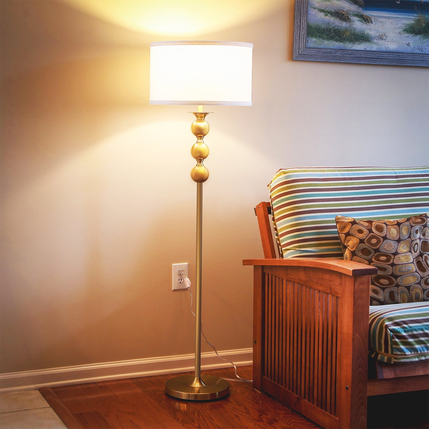 Brightech Riley 60 in. Antique Brass Mid-Century Modern 1-Light LED Super Bright Floor Lamp with White Fabric Drum Shade