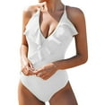 thumbnail image 1 of Women Halter One Piece Swimsuit Sexy Ruffle Backless Bathing Suit Plunge V Neck Classic Coverage Bottom, 1 of 4