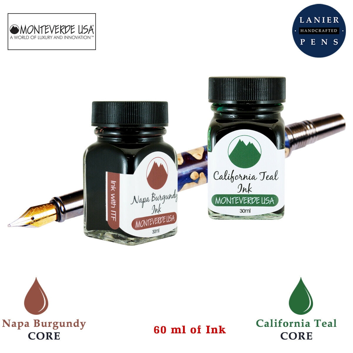 Monteverde 60ml Core Fountain Pen Ink Bottle (30ml Napa Burgundy Ink Bottle G309NB, 30ml California Teal Ink Bottle G309CT)
