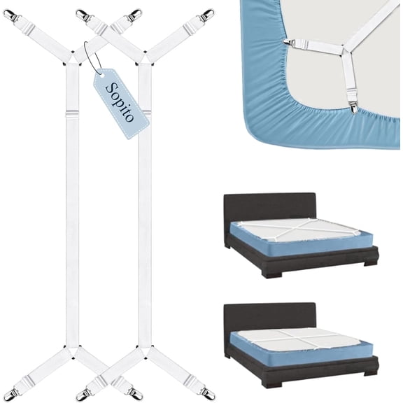 Sopito Sheet Straps 2 Pack, Dual Clips Anti-Slip Bed Sheet Holders for Corners Keep Bed Sheets Secure White
