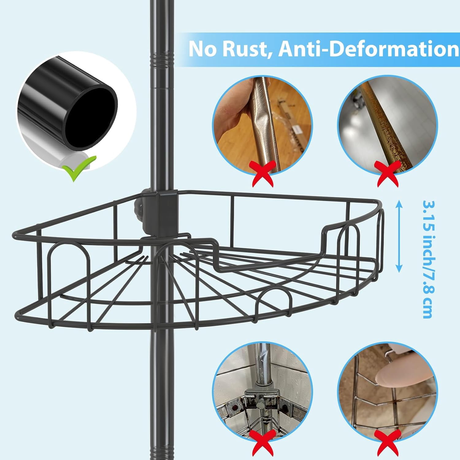 DEROFIT Shower Organizer Caddy 39-125" Stainless Steel Shower Shelves Rack for Inside Shower Bathroom Bathtub Caddy Rustproof Tension Pole Black