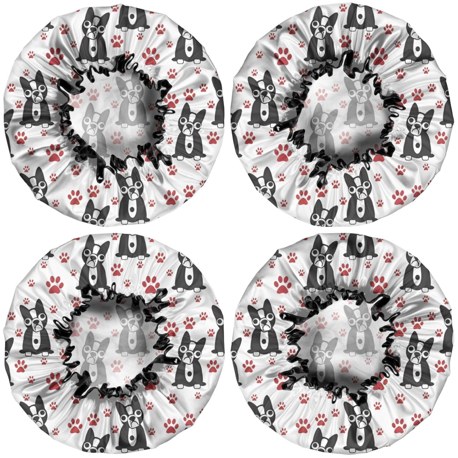 Shower Caps,Boston Terrier Puppy Dog Waterproof Shower Cap for Women 4 Pieces,Double Reusable Hair Cover for Shower PEVA Elastic Stretch Hem