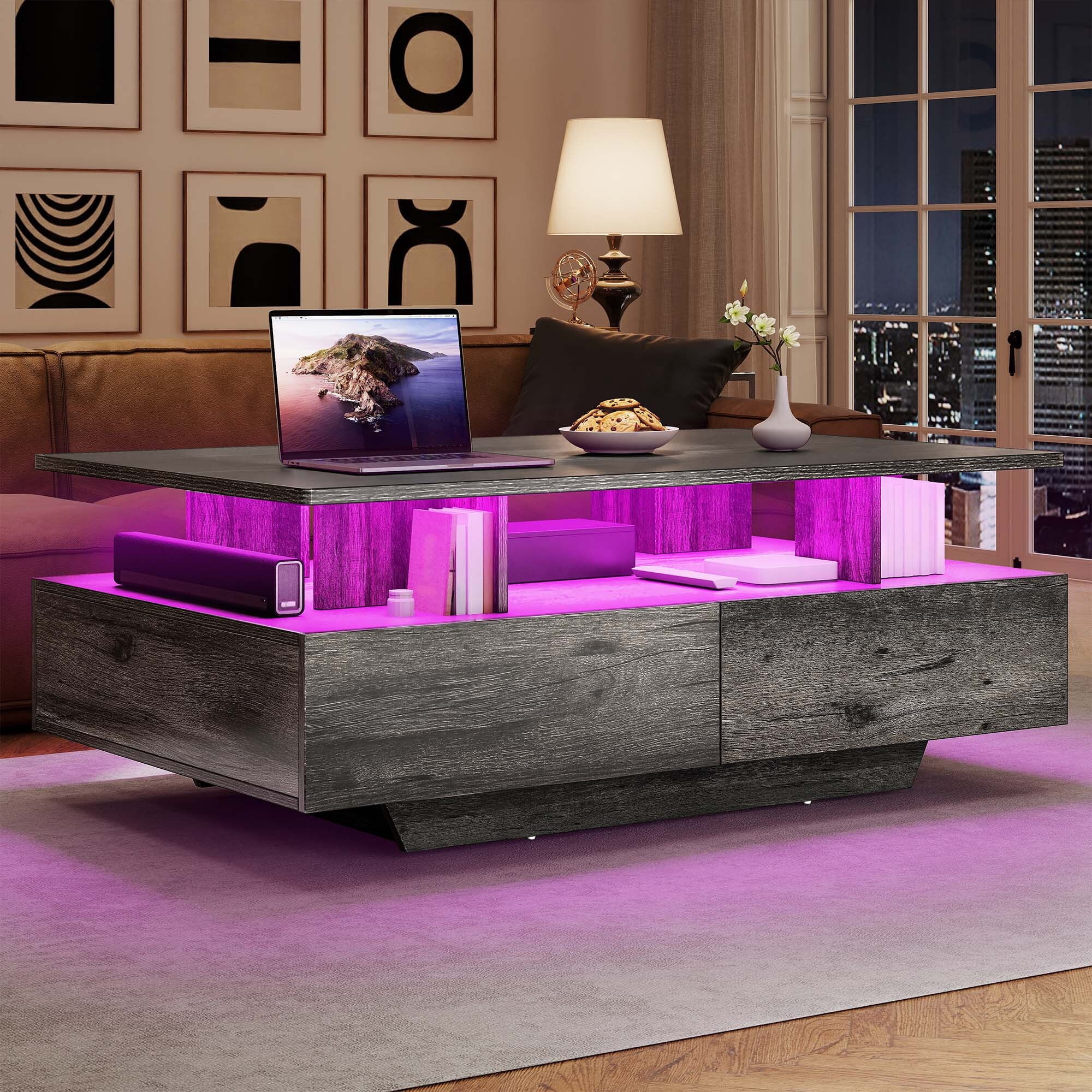 Uforic Modern LED Coffee Table, Center Tables with Storage for Living Room, Gray