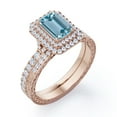 thumbnail image 4 of JeenMata 1.5 Carat Emerald Cut Sky Blue Created Aquamarine and Moissanite - Pave Double Halo - Art Deco Filigree Wedding Set - 18K Rose Gold Plating over Silver, 4 of 6