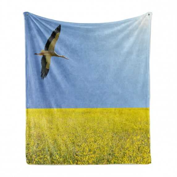 Yellow and Blue Soft Flannel Fleece Blanket, Alone Stork Flying in Clear Sky over Spring Flowering Field Freedom Picture, Cozy Plush for Indoor and Outdoor Use, 70" x 90", Multicolor, by Ambesonne