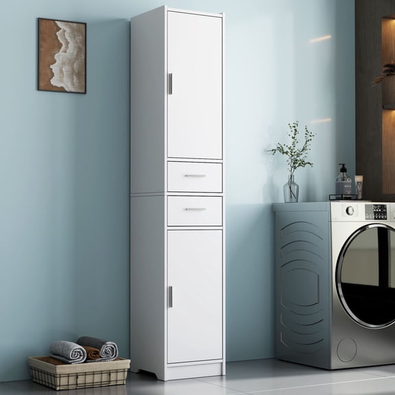 CQSXDA Narrow Floor Cabinet for Bathroom and Living Room in White Featuring 2 Doors, 2 Drawers and Adjustable Shelves