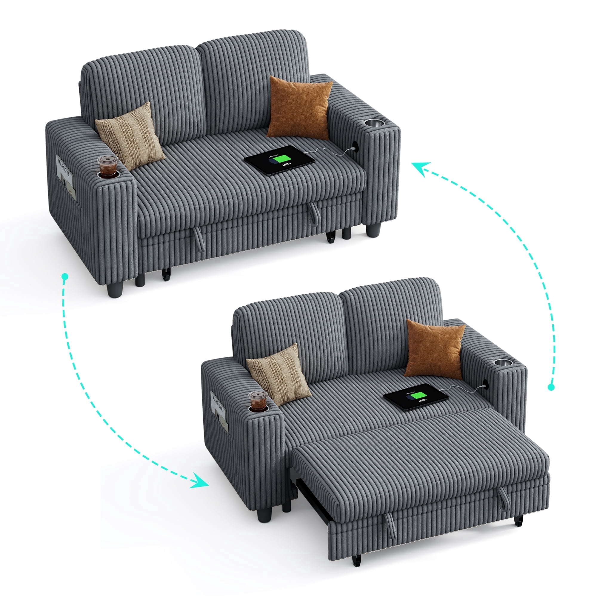 LINSY HOME Pull Out Couch Chaise Lounge for Living Room, Convertible Loveseat Sofa Couch With Usb & Cup Holder, Dark Gray