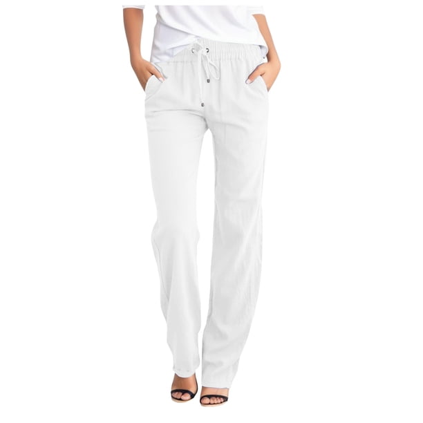 Pantalones rectos lisos de cintura alta para mujer - Pantalones casuales con cordón elástico - Pantalones largos con bolsillos