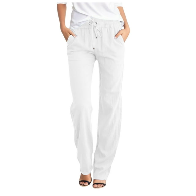 Women's High Waisted Solid Straight Pants - Elastic Drawstring Casual Trousers - Long Pants with Pockets