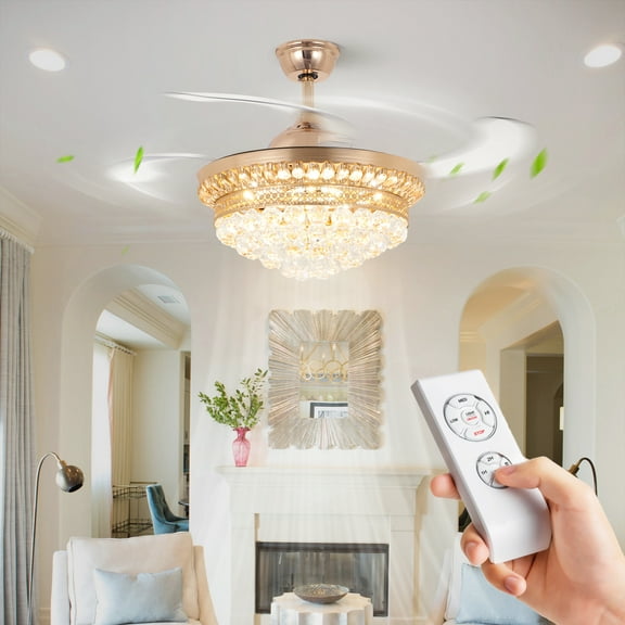 42" Golden Crystal Chandelier Ceiling Fan - Art Deco Remote Control Fan Light with 5-Tier Prism Shade, 5000 CFM Whisper Quiet Motor & Adjustable Downrod (4''/8'')